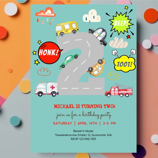 Invitation Jour anniversaire de l'enfant véhicule bip de miel (Créateur téléchargé)
