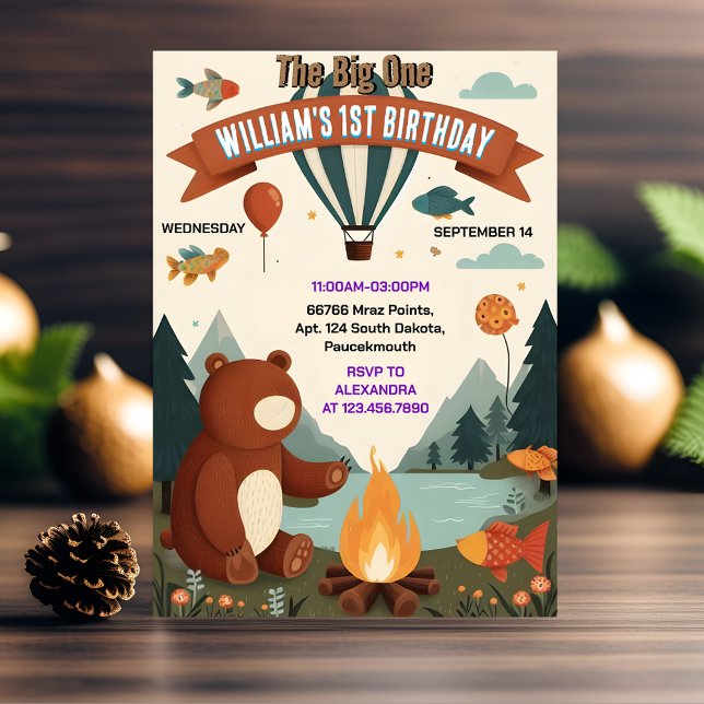 Invitation Jour Brown Fun Fish Boy Cute Baby Bear 1er Anniver (Créateur téléchargé)