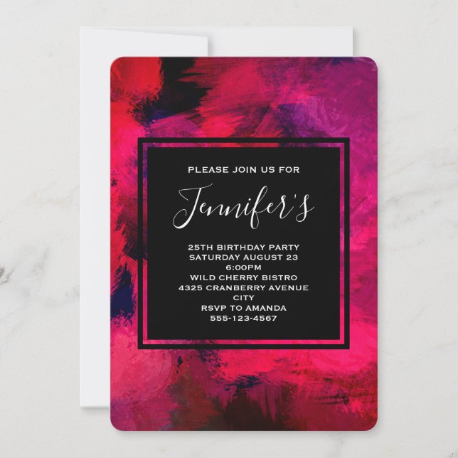 Invitation Jour d'anniversaire Abstrait rouge foncé et violet (Devant)