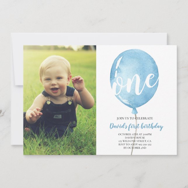 Invitation Jour d'anniversaire avec photo Blue Balloon (Devant)