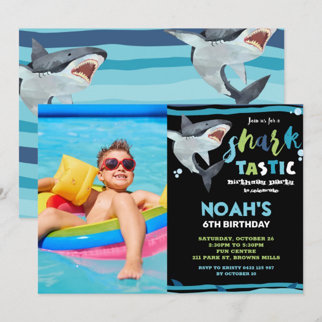 Invitation Jour d'anniversaire de la fête de requin garçons d (Devant / Derrière)