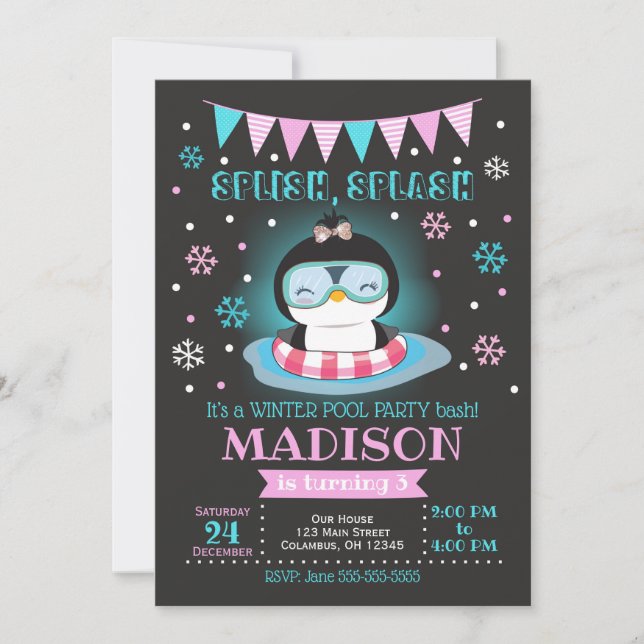 Invitation Jour d'anniversaire de piscine d'hiver / Penguin (Devant)