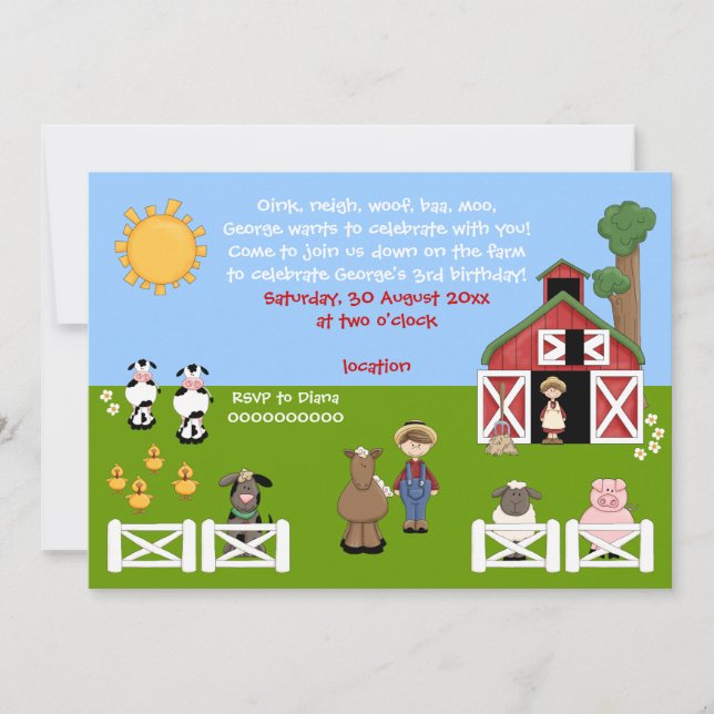 Invitation Jour d'anniversaire des enfants d'animaux d'élevag (Devant)