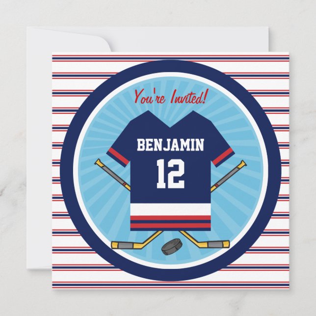 Invitation Jour d'anniversaire du Blue Red White Ice Hockey J (Devant)