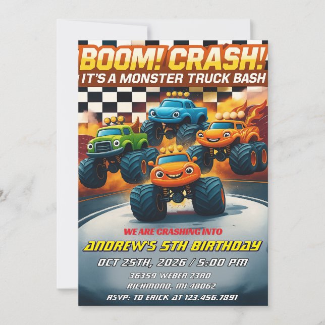 Invitation Jour d'anniversaire du Camion Monster Crash Boom P (Devant)