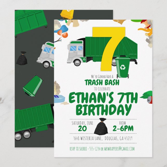 Invitation Jour d'anniversaire du camion-poubelle, 7e anniver (Devant / Derrière)
