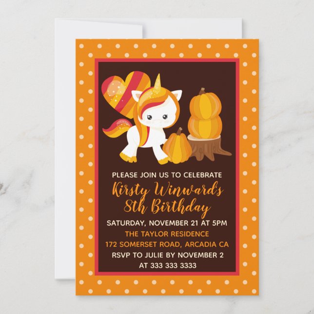 Invitation Jour d'anniversaire du Citrouille de la licorne de (Devant)