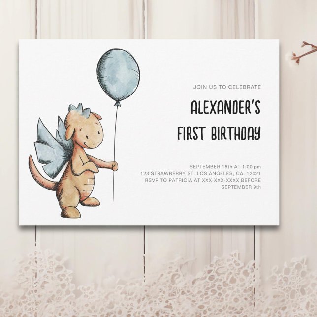 Invitation Jour d'anniversaire du dragon d'aquarelle mignonne (Créateur téléchargé)