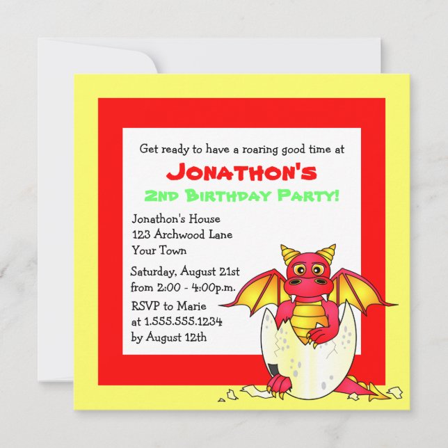 Invitation Jour d'anniversaire du joli dragon - Rouge et Jaun (Devant)