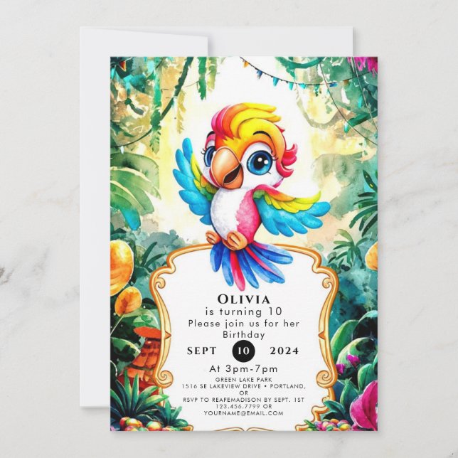Invitation Jour d'anniversaire du jote Jungle Parrot (Devant)