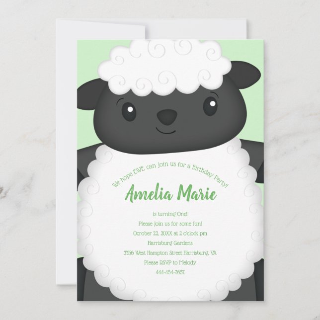 Invitation Jour d'anniversaire du mouton Vert (Devant)