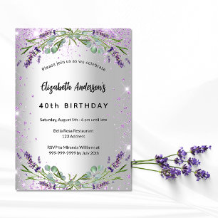 Invitation Jour d'anniversaire lavande argent eucalyptus verd
