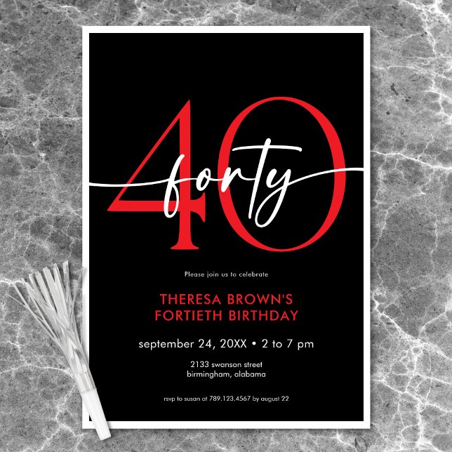Invitation Jour d'anniversaire minimal Red Quarty Script (Modern Minimal Red Forty Script Birthday Invitation)