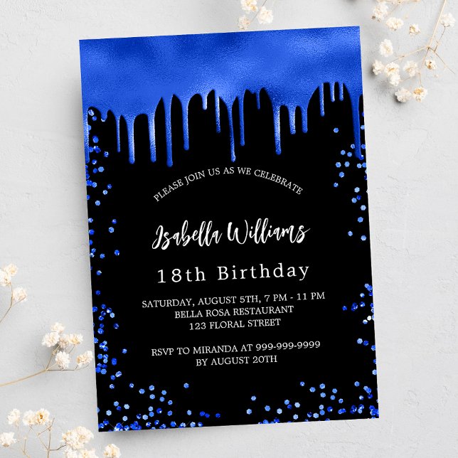 Invitation Jour d'anniversaire noir bleu gouttes (Créateur téléchargé)