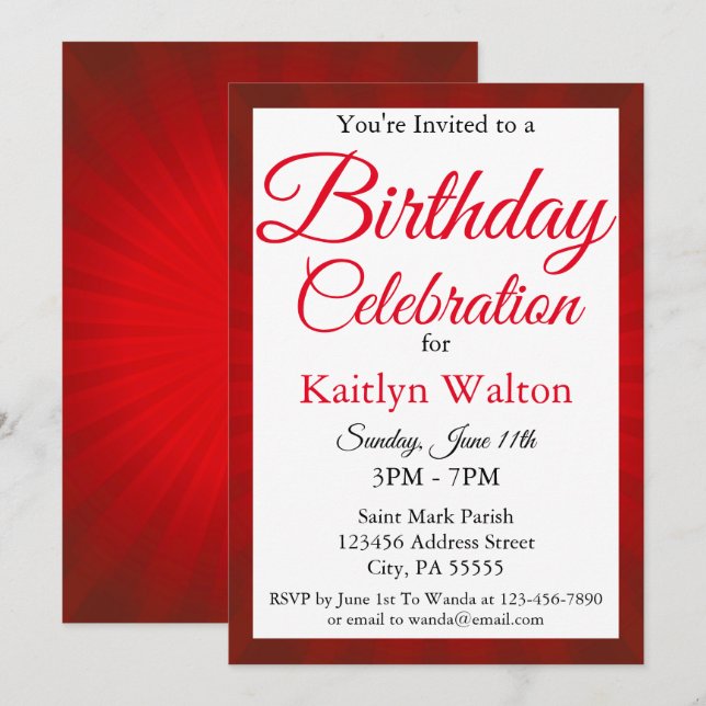 Invitation Jour d'anniversaire Red Sunburst Script (Devant / Derrière)