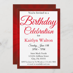 Invitation Jour d'anniversaire Red Sunburst Script