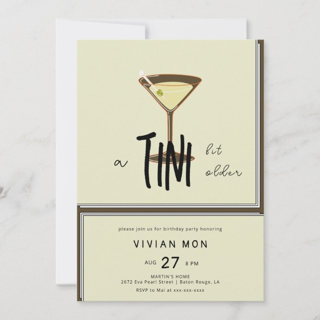 Invitation Jour d'anniversaire stylé Olive Martini a Tini Bit (Devant)