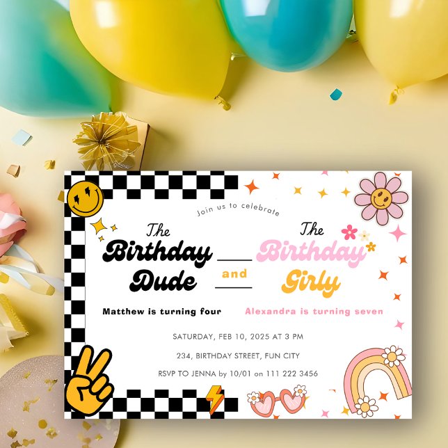 Invitation Jour d'anniversaire Super double célébration (Joint Birthday Sibling Groovy Double Celebration Invitation)