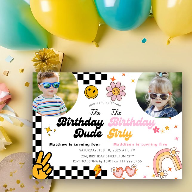 Invitation Jour d'anniversaire Super Jumelage double (Joint Birthday Groovy Combined Sibling Double Invitation)