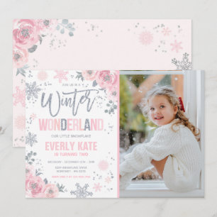 Invitation Jour d'anniversaire Wonderday Silver Pink Snowflak