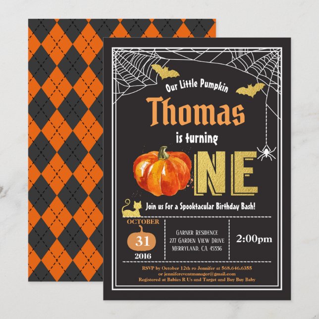 Invitation Jour de 1er anniversaire d'Halloween bébé Or noir (Devant / Derrière)