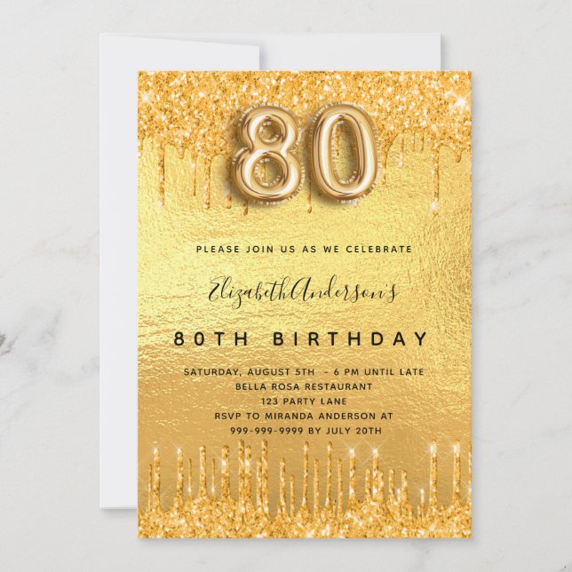 Invitation Jour de 80e anniversaire gouttes de parties scinti (Devant)