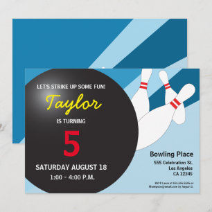 Invitation Jour de bowling de 5e anniversaire bleu jaune roug