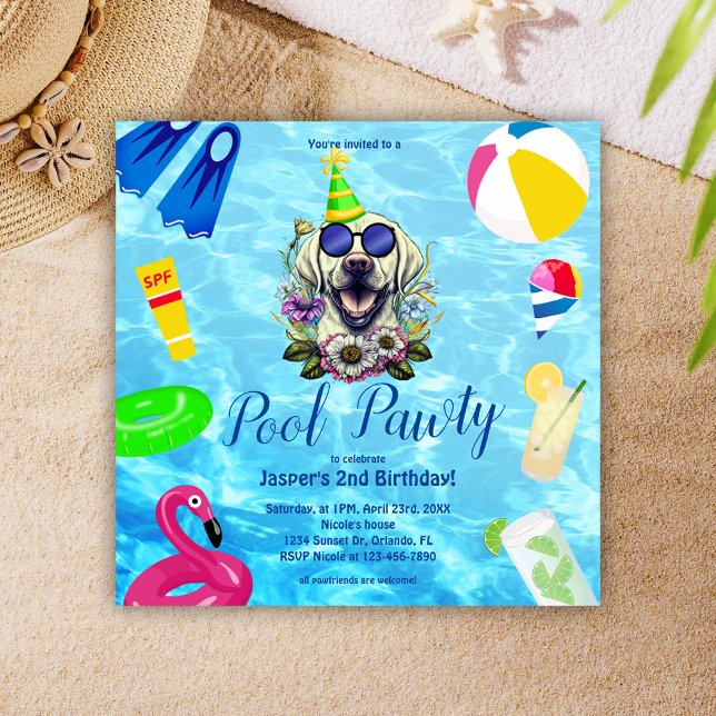 Invitation Jour de fête de la piscine de chien mignonne (Cute Dog Pool Party Birthday Invitation)
