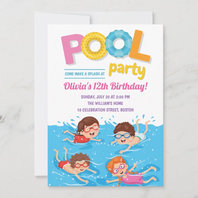 Invitation Jour de fête de la piscine d'été pour les enfants  (Devant)