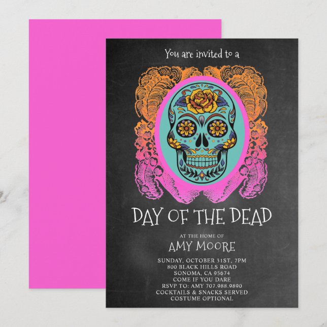 Invitation Jour De La Dead Sugar Skull Chalkboard Party (Devant / Derrière)
