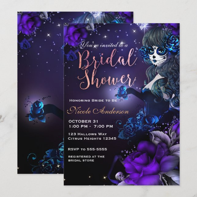 Invitation Jour de la Fête des mariées bleue violette de la f (Devant / Derrière)