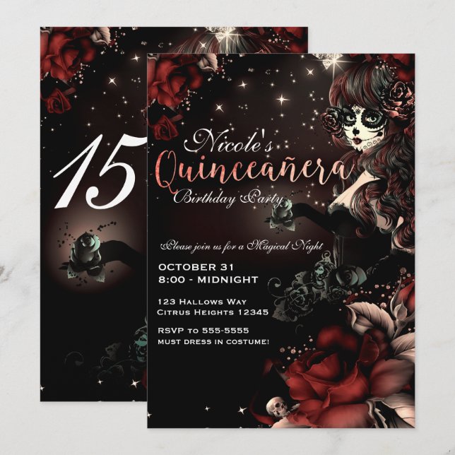 Invitation Jour de la Fille Morte Red Black Quinceañera Party (Devant / Derrière)