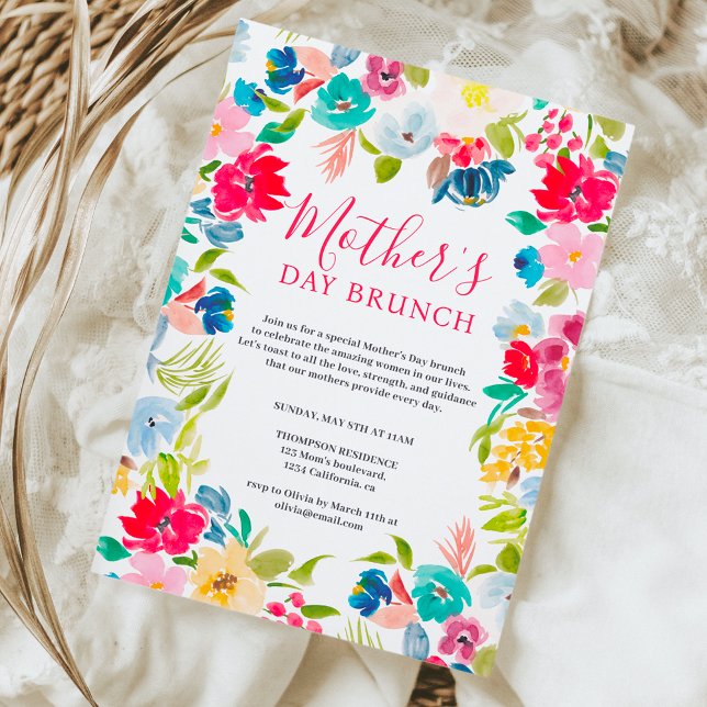 Invitation jour de la mère de l'aquarelle rouge bohème (bohemian red blue floral watercolor mother's day invitation)