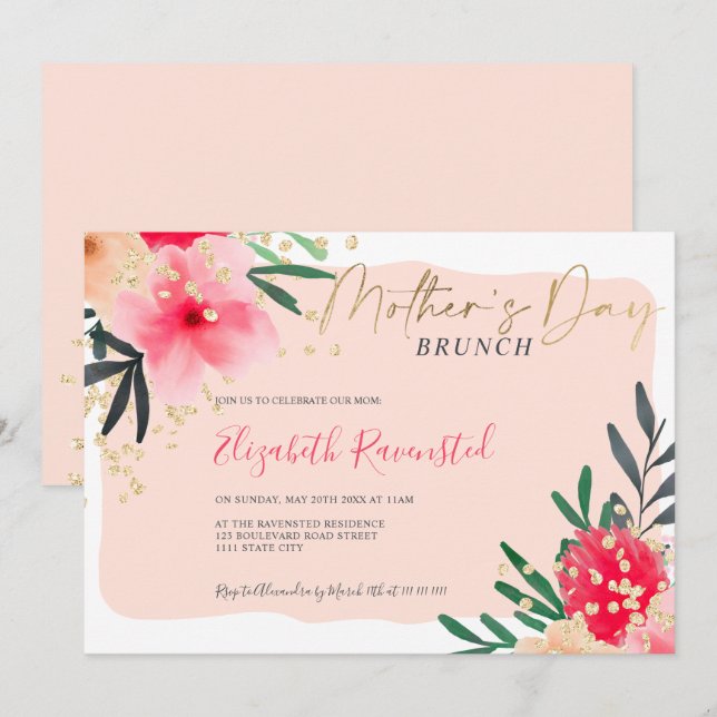 Invitation Jour de la mère moderne rose floral poupée rose gi (Devant / Derrière)