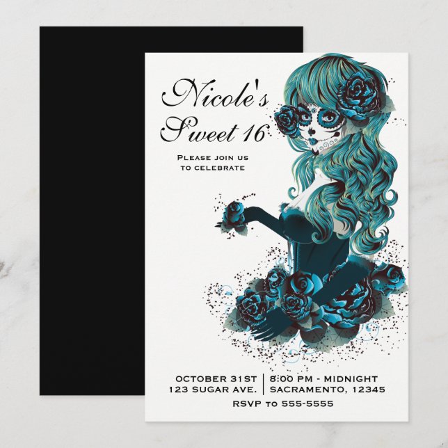 Invitation Jour de la mort belle Sugar Skull Maquillage fille (Devant / Derrière)