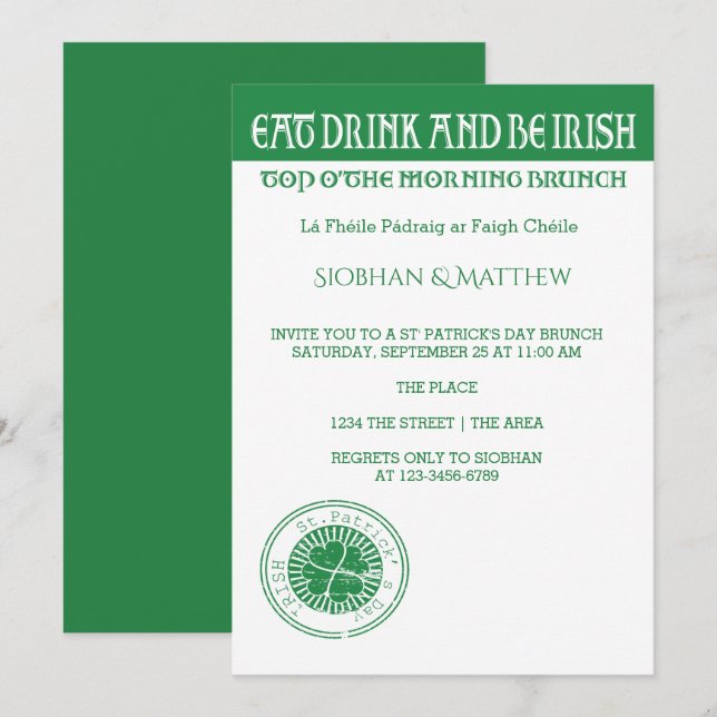 Invitation Jour de la Saint Patrick Irlandais à thème brunch  (Devant / Derrière)