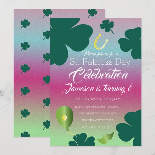 Invitation Jour de la Saint-Patrick Shamrock Pailleté Célébra (Devant / Derrière)