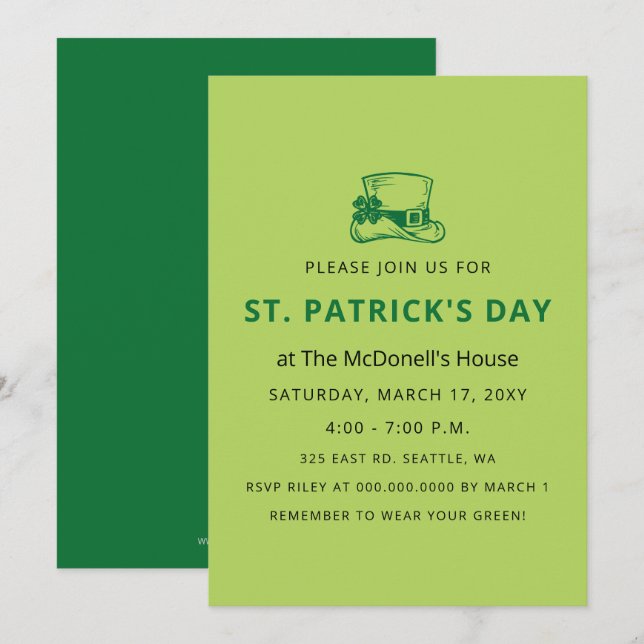 Invitation Jour de la Saint Patrick Shamrock simple et élégan (Devant / Derrière)