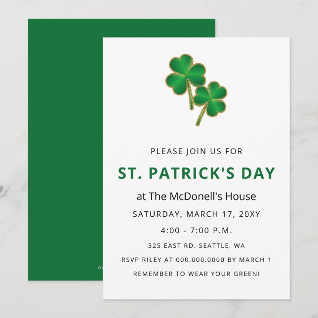 Invitation Jour de la Saint Patrick Shamrock simple et élégan (Devant / Derrière)