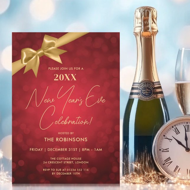 Invitation Jour de la Saint-Sylvestre Rouge or Bokeh Bow (Classy New Years Eve Party Red Gold Bokeh Bow Invitation)