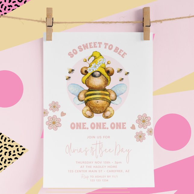 Invitation Jour de l'abeille abeille rose Floral 1er annivers (Créateur téléchargé)
