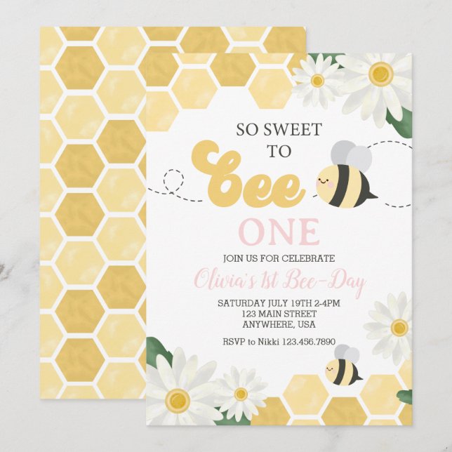 Invitation Jour de l'abeille bourdon 1er Anniversaire Marguer (Devant / Derrière)