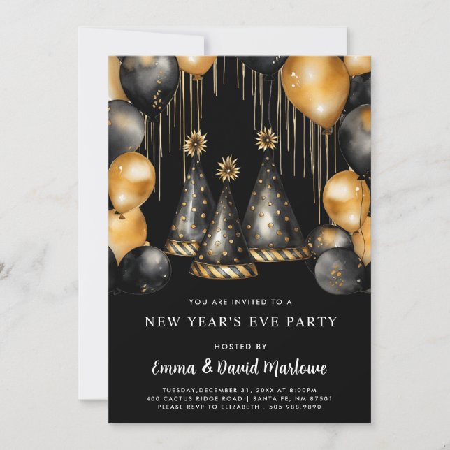 Invitation Jour de l'an 2025 Gold Black Balloons (Devant)