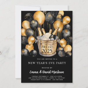 Invitation Jour de l'an 2025 Gold Black Balloons