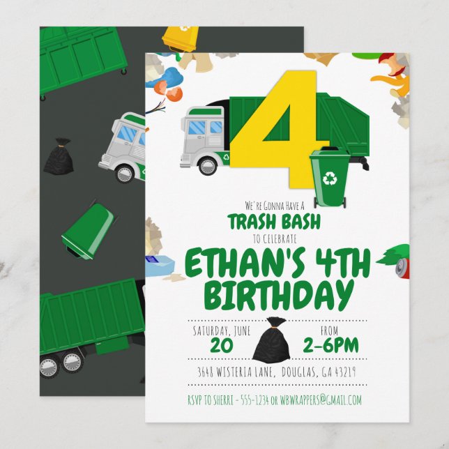 Invitation Jour de l'anniversaire du camion-poubelle, 4e anni (Devant / Derrière)