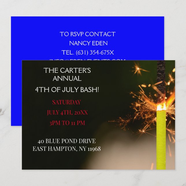 Invitation Jour de l'Indépendance du 4 juillet bleu Sparkler (Devant / Derrière)