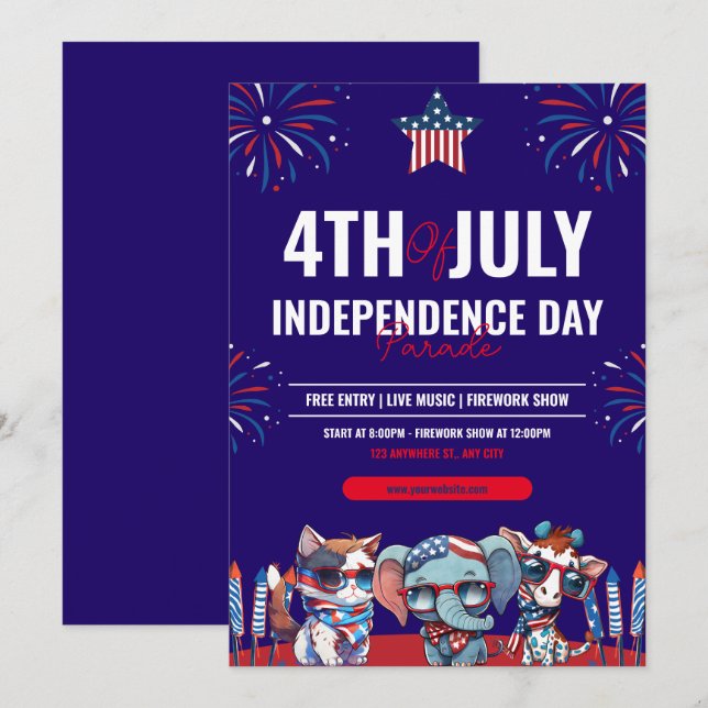 Invitation Jour De L'Indépendance Marine Et Rouge 4 juillet M (Devant / Derrière)