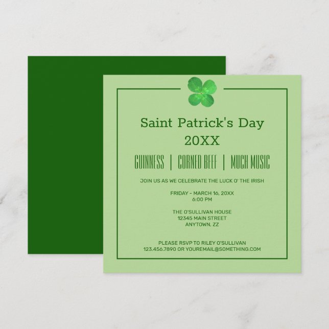 Invitation Jour de l'Saint Patrick irlandais de Shamrock de 4 (Devant / Derrière)