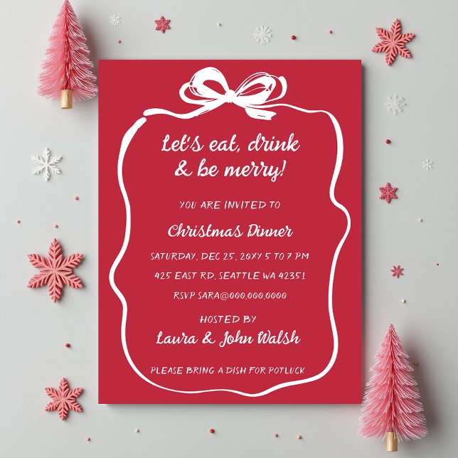 Invitation Jour de Noël de la Bow blanche rouge dessinée à la (Doodle Hand drawn Red White Bow Christmas Party Invitation)