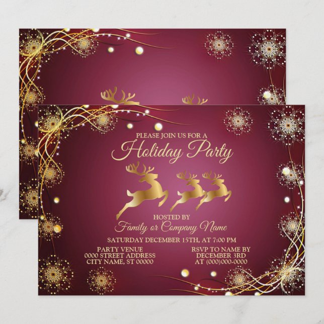 Invitation Jour de Noël Golden Reindeers Rouge rose Élégant (Devant / Derrière)
